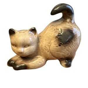 Vintage Siamese Cat Figurine Tan Ceramic Playful Pouncing